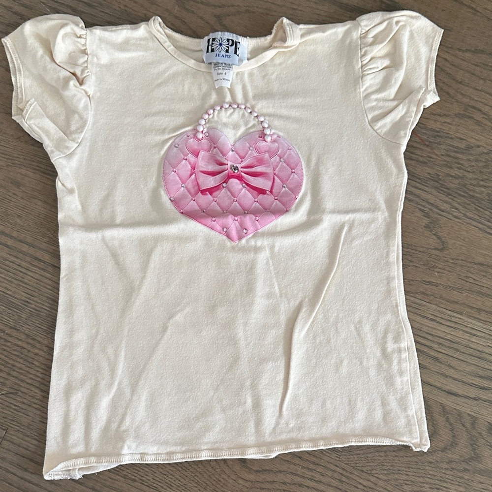 Hope Jeans Cream Kids Shirt with Pink Heart Design